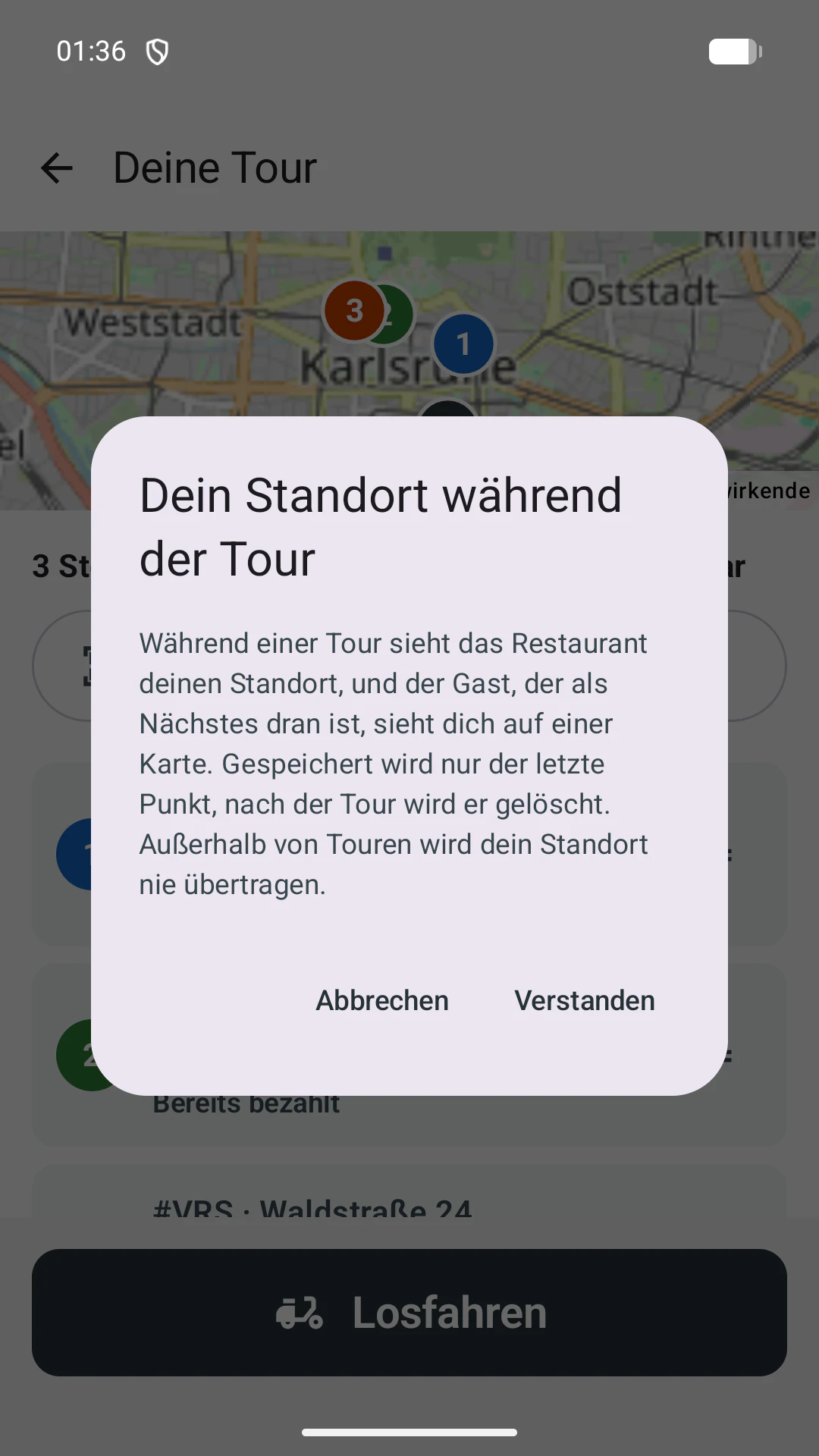 Hinweis in der App: Dein Standort während der Tour