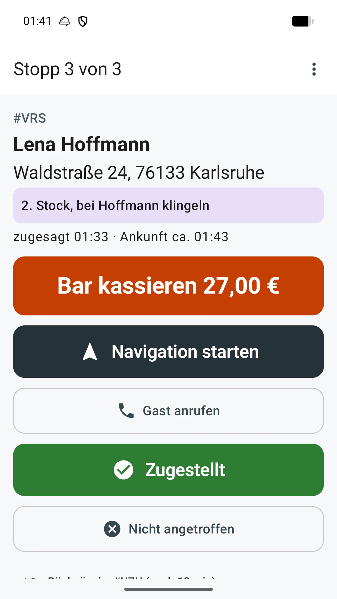 Stopp 3 von 3: Bar kassieren 27,00 Euro, Navigation starten, Gast anrufen, Zugestellt