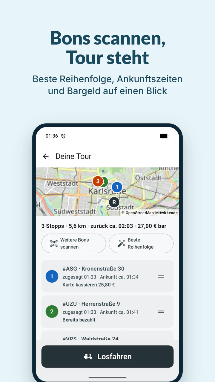 Bons scannen, Tour steht