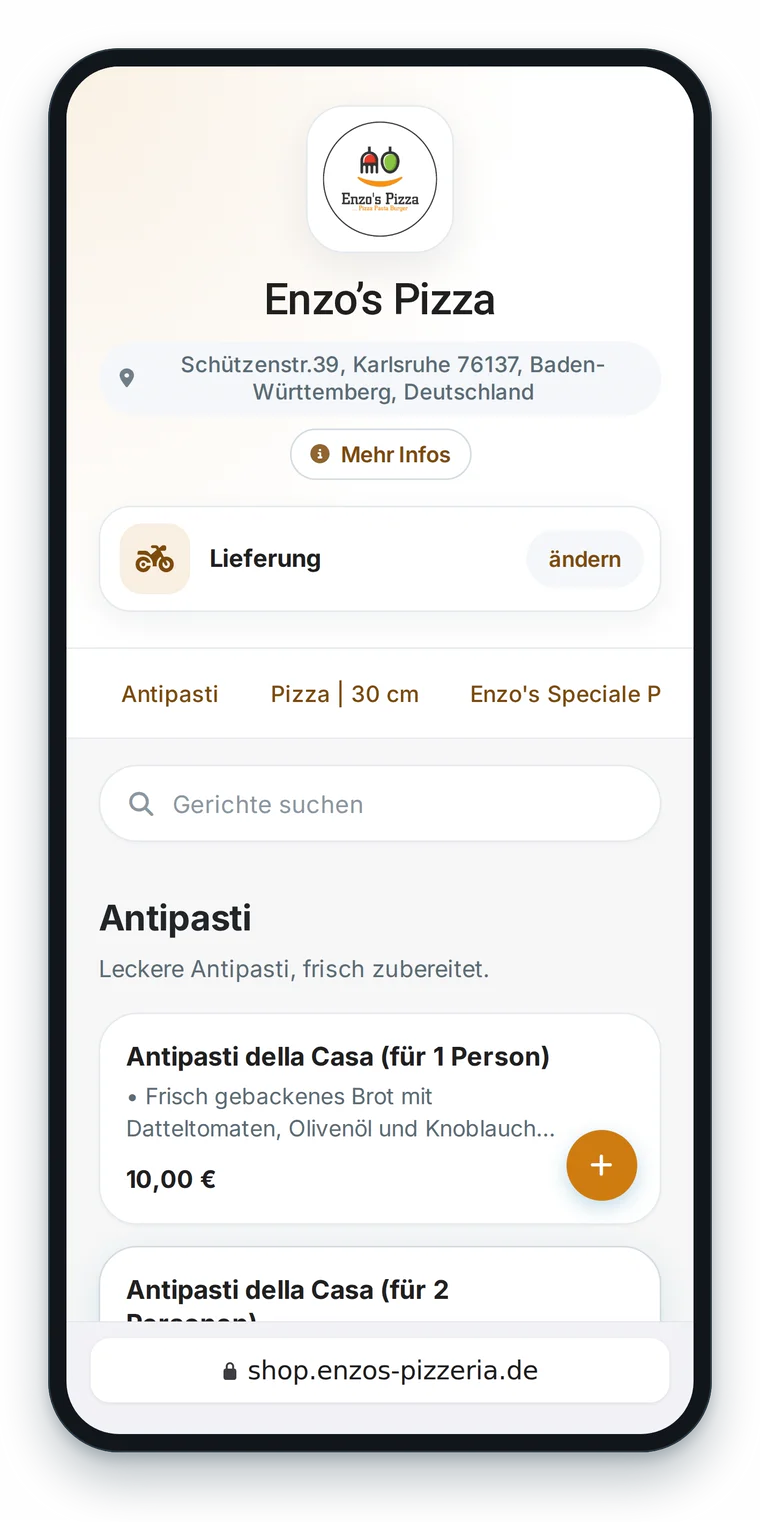 Enzos Bestellseite auf dem Handy, oben das Logo von Enzo’s Pizza, unten die Adresse shop.enzos-pizzeria.de